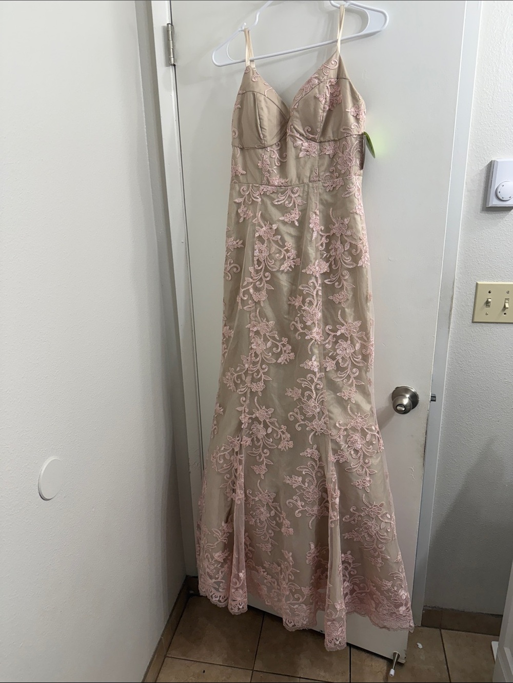 Spaghetti-Strap Nude Maxi Dress with Pink Lace Overlay